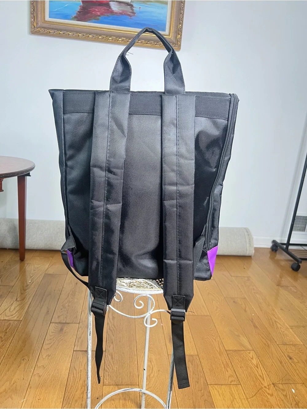Black and Purple Roll-Top Backpack with Front Pockets